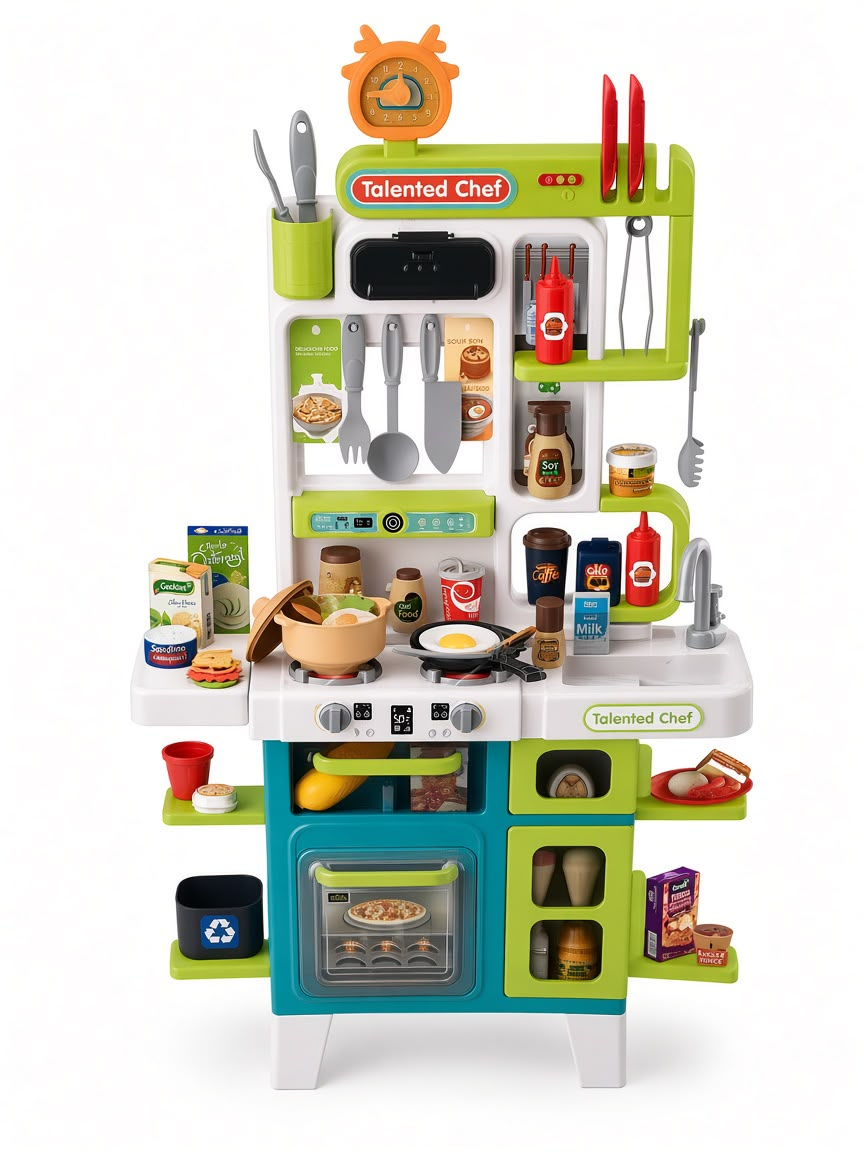 Talented Chef green and blue toy kitchen with utensils, sink and oven