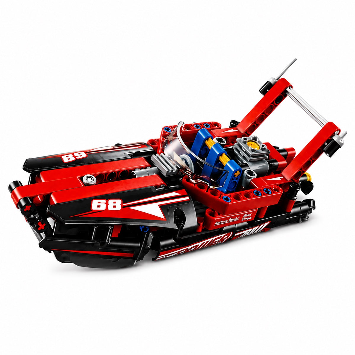 Red and black Technician power boat model built from construction blocks