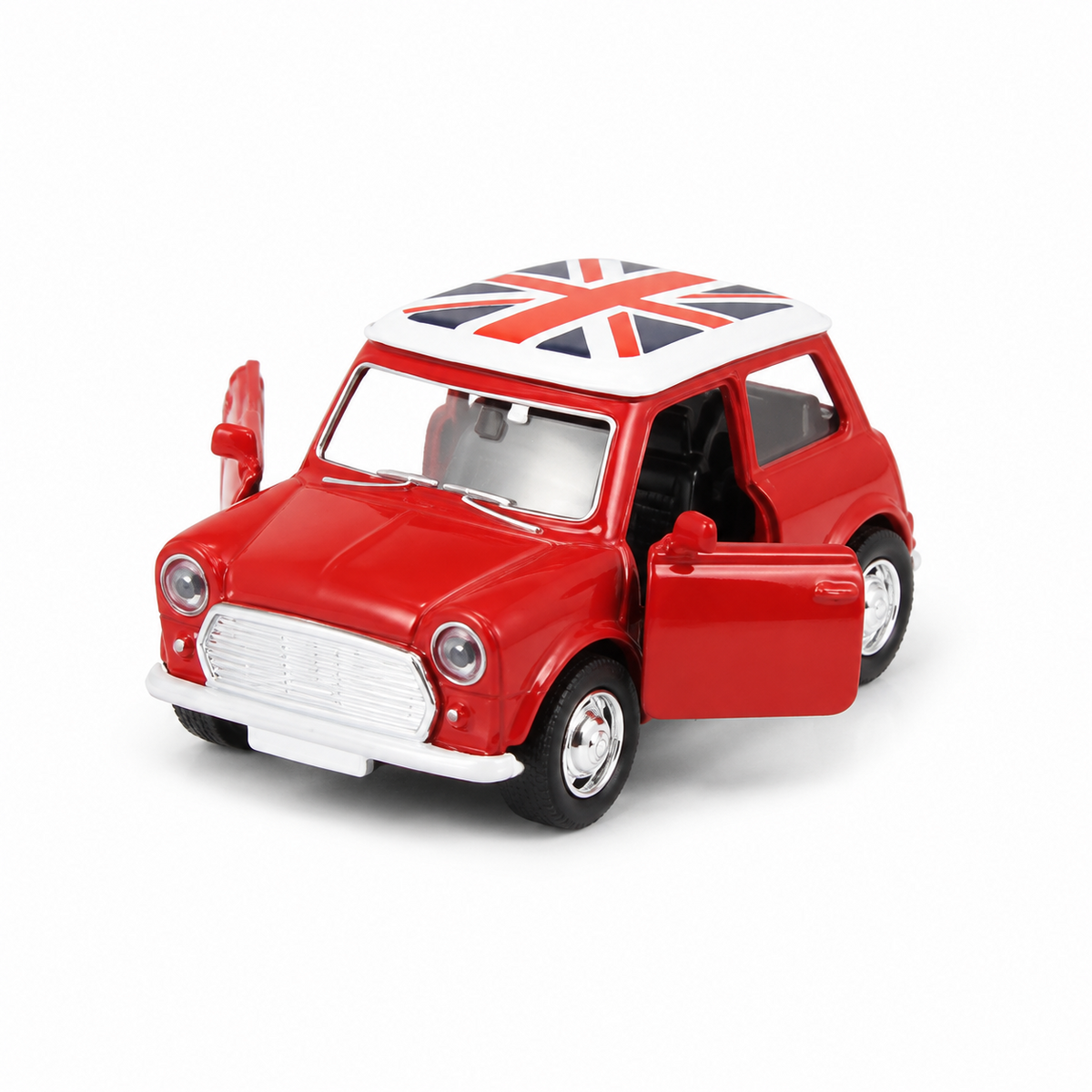 Red toy mini car with Union Jack roof