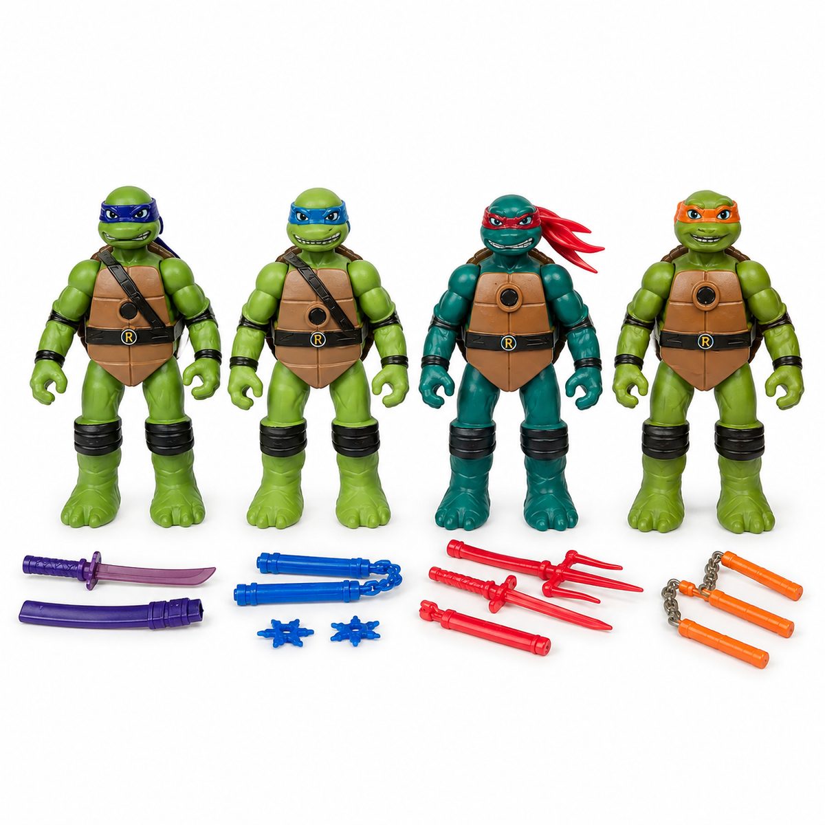 Four warrior action figures with accessories