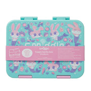 Smiggle Happy Bento Box in medium size, featuring a turquoise blue exterior decorated with cute mermaid bunnies and a pink paper band around the middle.