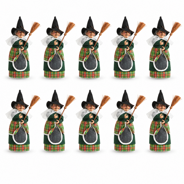 Green Plaid Witch Doll Decorations with Brooms – Party Pack of 10
